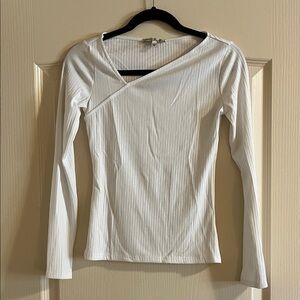 Express White Ribbed Long-Sleeve Asymmetrical Neck Top
